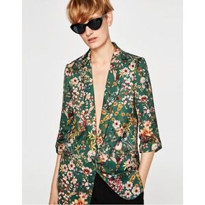 ZARA BASIC Floral Print Green Blazer 3/4 Sleeve Open Front Women's XS